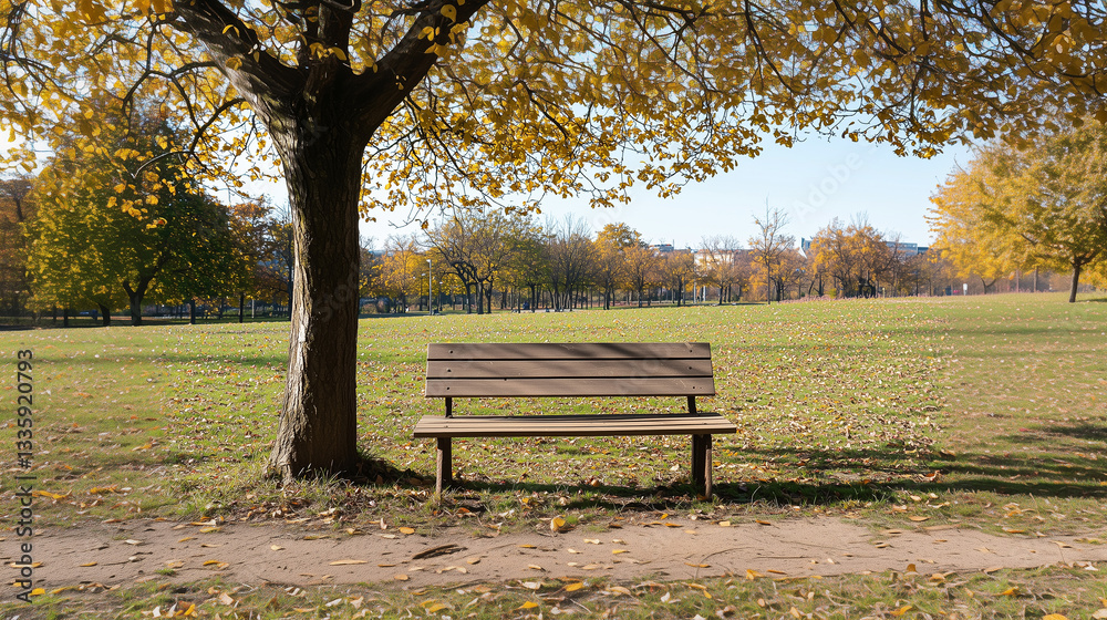 Peaceful Park Scene with an Empty Bench and Yellow Flowers Peaceful Park Scene with an Empty Bench and Yellow Flowers