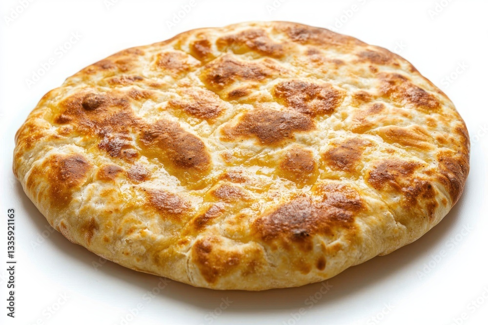 Appetizing flatbread showcasing golden brown texture and soft interior on bright white background studio shot Appetizing flatbread showcasing golden brown texture and soft interior on bright white background studio shot