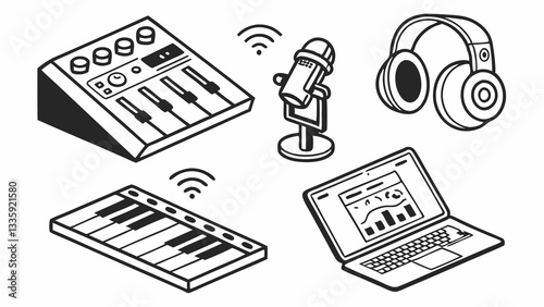 AI Music Vector Icons - Digital Audio Production and Smart Sound Technology