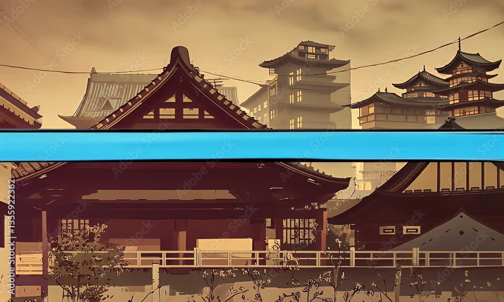 simple animated video capturing elegant transition between solid colored modern shapes and traditional asian buildings, perfect for professional stinger use
