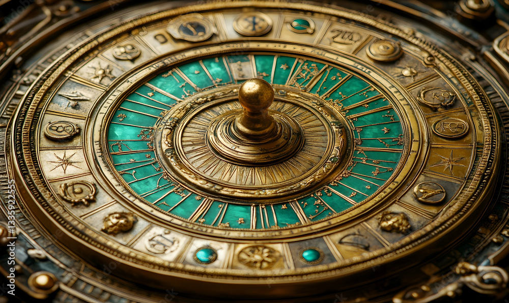 Ornate gilded roulette wheel close-up Ornate gilded roulette wheel close-up