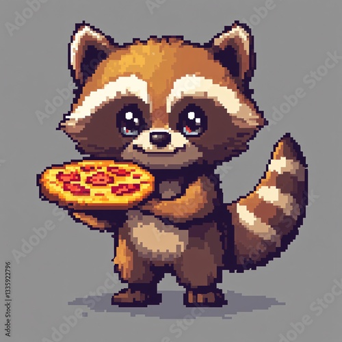 Pixel art sticker logo of a pixel raccoon holding a tiny pixel pizza