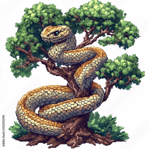 Pixel art sticker logo of a pixel snake coiled around a pixel tree
