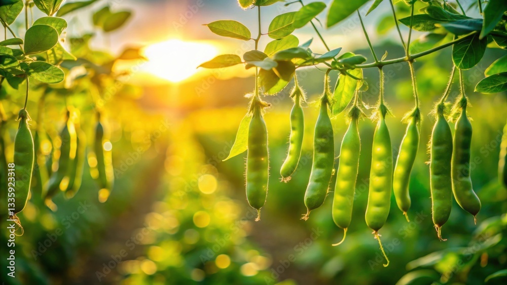 Fototapeta premium Fresh Green Pea Pods Hanging in Sunlit Organic Farm Field