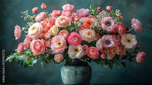 Vibrant floral arrangement in pot indoor photography artistic close-up beauty