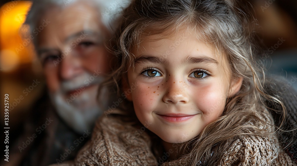 Heartwarming Portrait of a Young Girl Smiling in a Cozy Environment with an Older Man in the Background Heartwarming Portrait of a Young Girl Smiling in a Cozy Environment with an Older Man in the Background