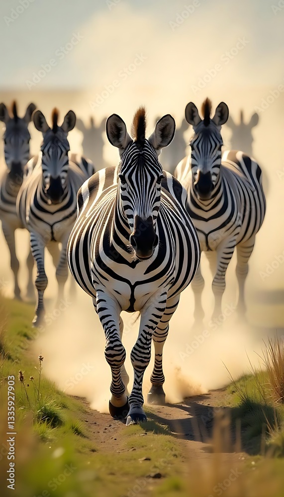 Fototapeta premium Generative AI Zebras on the Move A Majestic Herd Galloping Through the Savannah