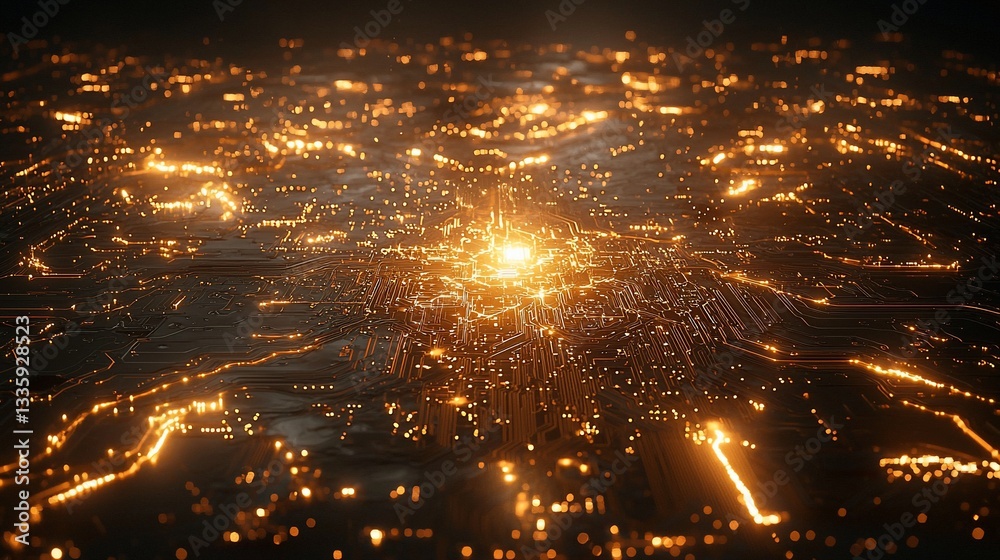 Naklejka premium Glowing circuit board with central light source.