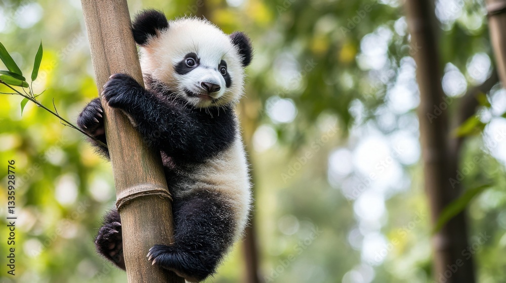 Obraz premium Adorable Baby Panda Climbing Bamboo in Natural Green Environment