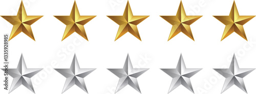 Gold and Silver Stars Icon Set, Five Star Rating Scale Vector Graphics