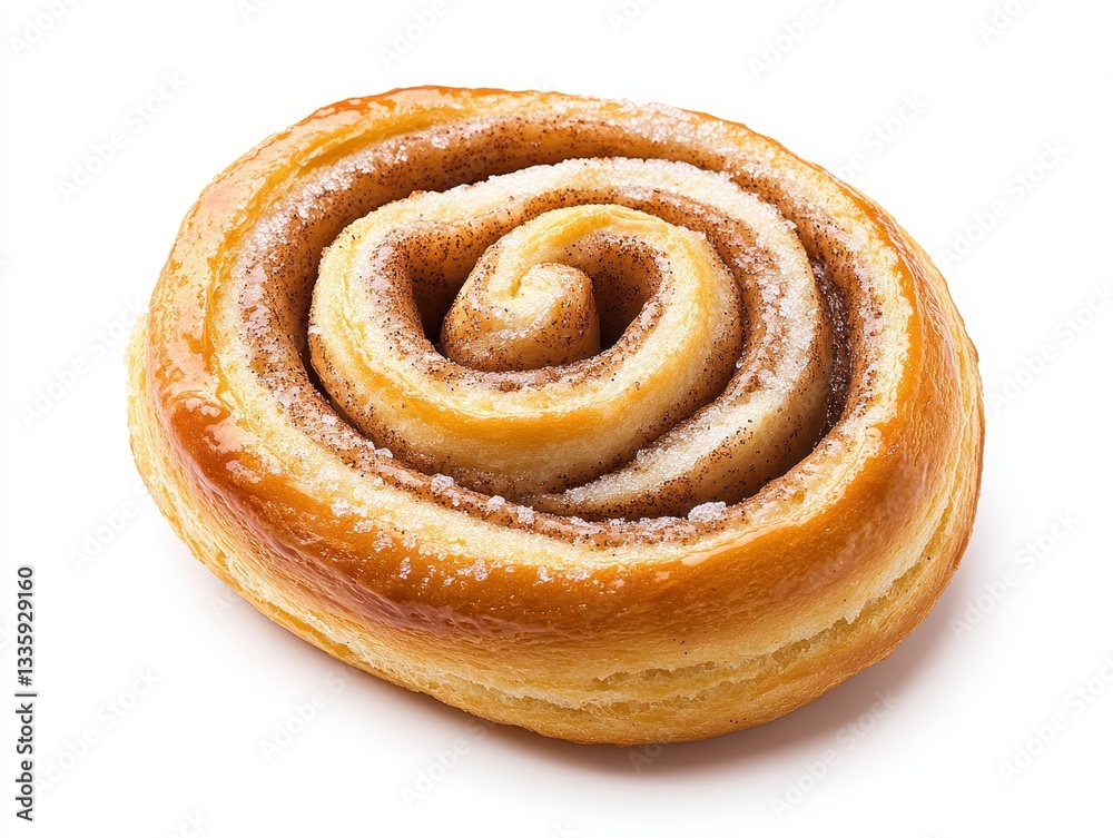 Freshly baked cinnamon roll with a golden-brown swirl and sugar topping Freshly baked cinnamon roll with a golden-brown swirl and sugar topping