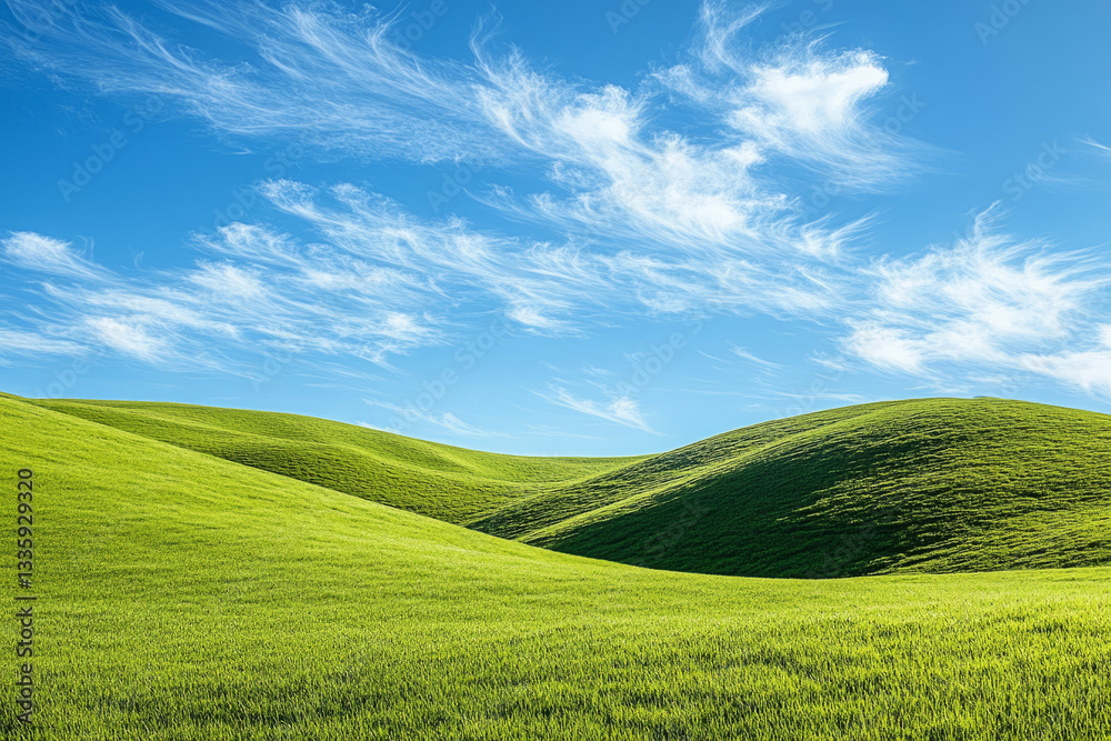 Fototapeta premium Rolling Green Hills Under a Clear Blue Sky with Wispy Clouds