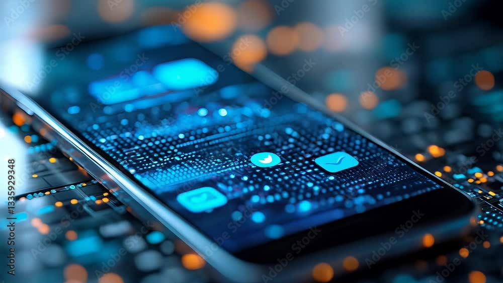 Digital messages illuminate smartphone screen in futuristic data exchange scenario