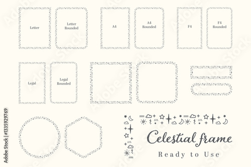 Hand drawn frame with with Celestial Motifs like star, moon, cloud, sun and dot suitable for kids children theme. Decorative Border Design with Celestial Motifs. 