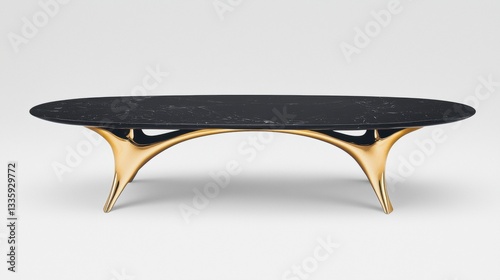 A modern black marble coffee table with gold legs and curved design.