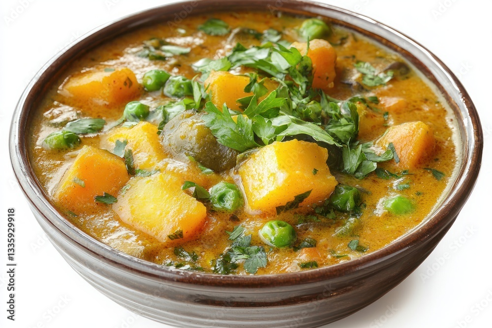 Golden vegetable curry in ceramic bowl with peas and fresh herbs for a delicious meal Golden vegetable curry in ceramic bowl with peas and fresh herbs for a delicious meal