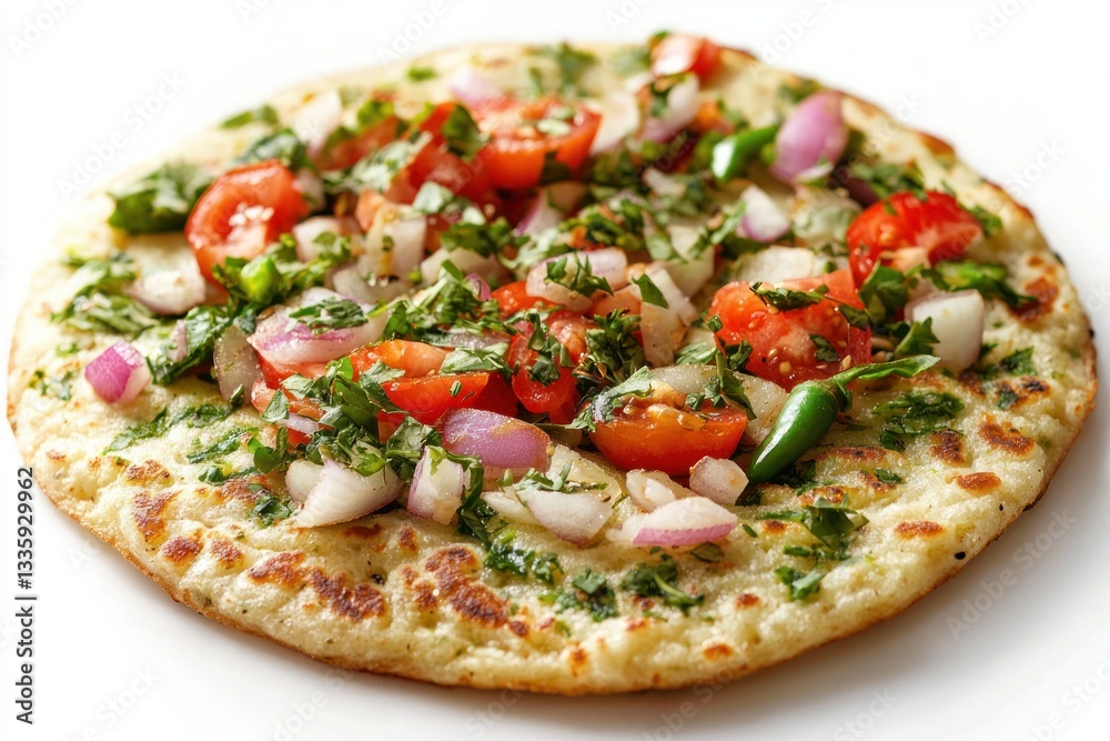 Flatbread pizza with fresh tomato cilantro onion pepper and herbs on white background homemade meal Flatbread pizza with fresh tomato cilantro onion pepper and herbs on white background homemade meal