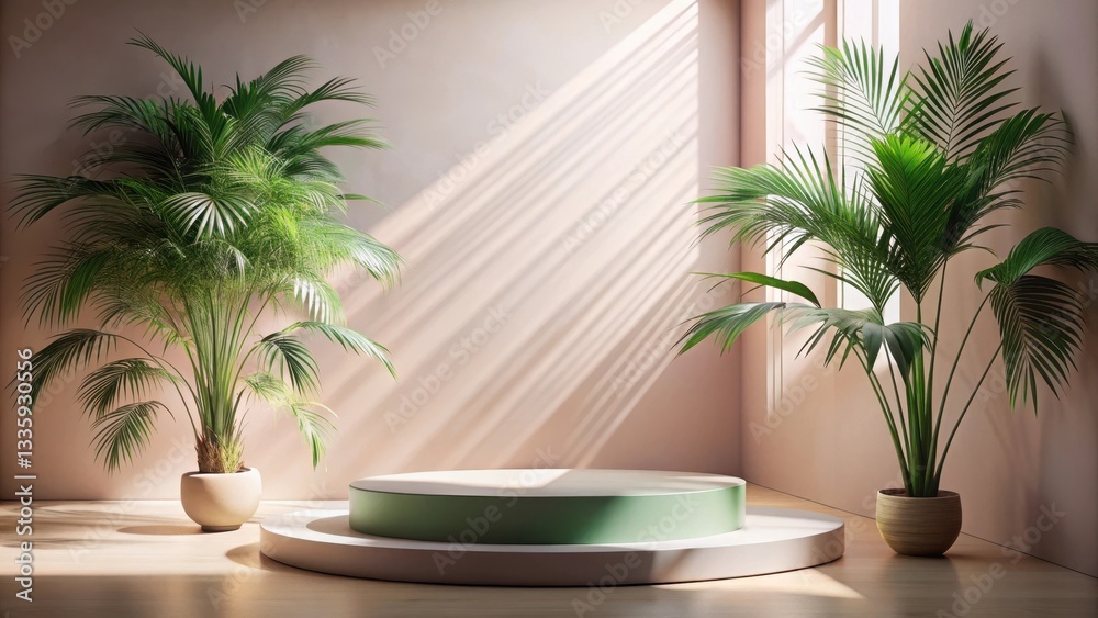 Fototapeta premium Serene Minimalist Interior Scene with Two Lush Potted Plants Flanking a Two-Tiered Display Pedestal Bathed in Soft Sunlight