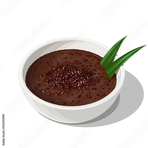 Traditional Black Glutinous Rice Porridge (Bubur Pulut Hitam) Vector Illustration. Sweet and Creamy Coconut Milk Dessert with Palm Sugar.
