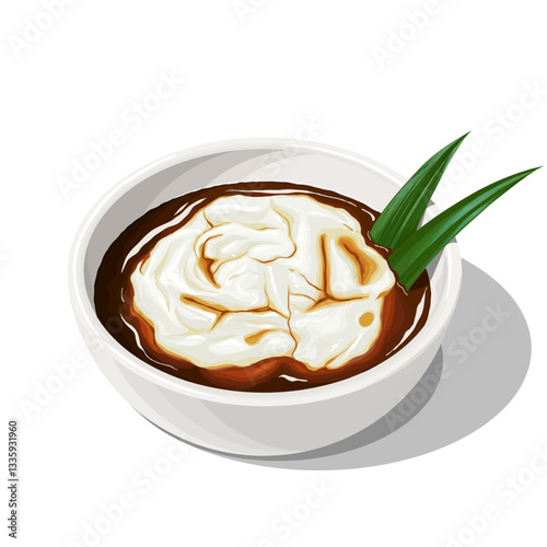 Traditional Rice Flour Porridge (Bubur Sumsum) Vector Illustration. Soft and Creamy Coconut Milk Dessert with Palm Sugar Syrup.