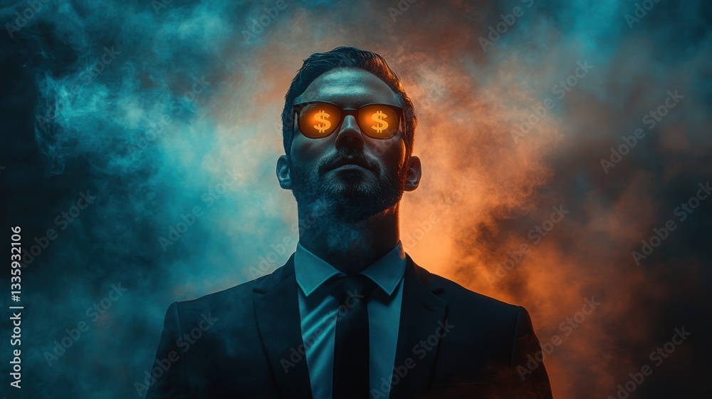 A business-suited man stands confidently with dollar symbols reflecting in his sunglasses, conveying a bold message of wealth and ambition A business-suited man stands confidently with dollar symbols reflecting in his sunglasses, conveying a bold message of wealth and ambition