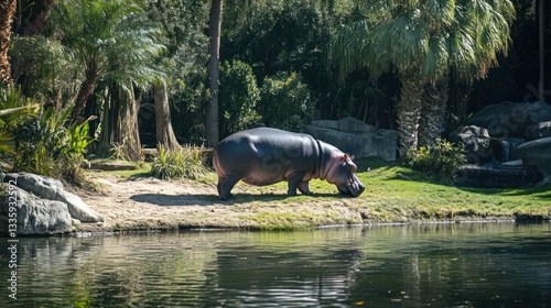 Hippopotamus at watering hole in lush zoo enclosure