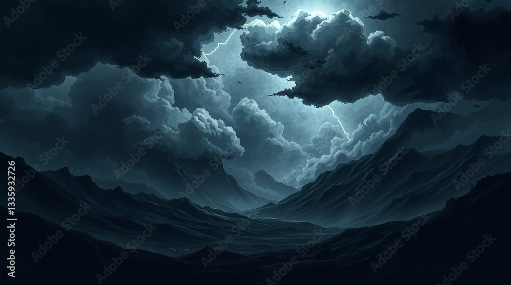 Naklejka premium Dramatic mountain range landscape with stormy clouds and electrifying lightning