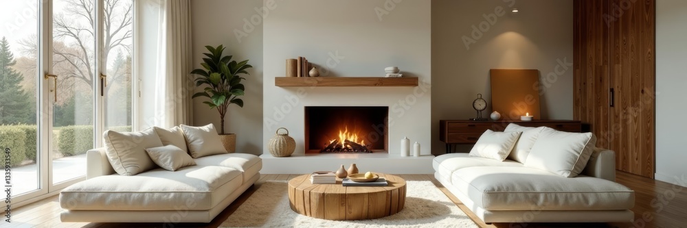 Cozy living room with neutral color palette, plush sofa, and fireplace, comfortable, cozy Cozy living room with neutral color palette, plush sofa, and fireplace, comfortable, cozy