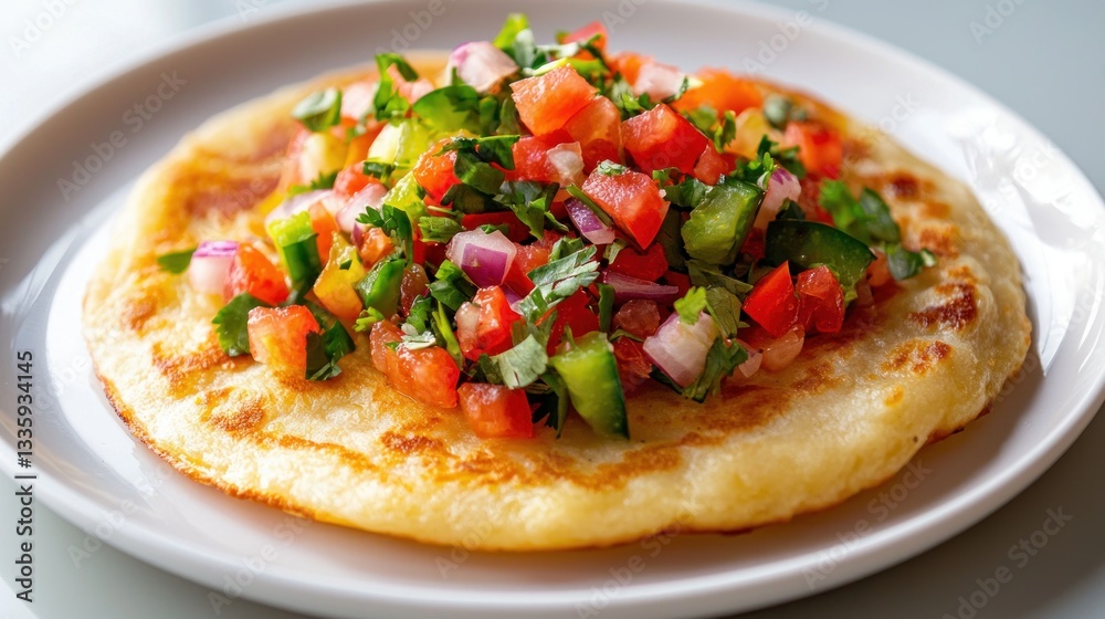 Fresh Flatbread Topped with Colorful Chopped Vegetable Salsa on White Plate Close Up Food Photography Fresh Flatbread Topped with Colorful Chopped Vegetable Salsa on White Plate Close Up Food Photography