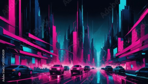 Futuristic Cityscape Action: Neon Cars in a Vibrant Urban Environment