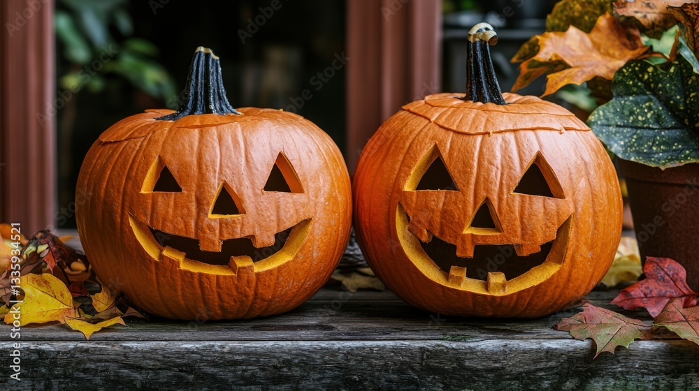 Two intricately carved pumpkins resting on a table surrounded by fall decorations and leaves Two intricately carved pumpkins resting on a table surrounded by fall decorations and leaves
