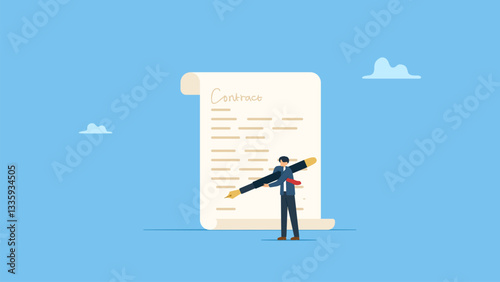 Businessman signing in contract paper. Employment contract agreement, corporate partnership document with signature, new employee signing contract, legal paperwork, recruitment document.