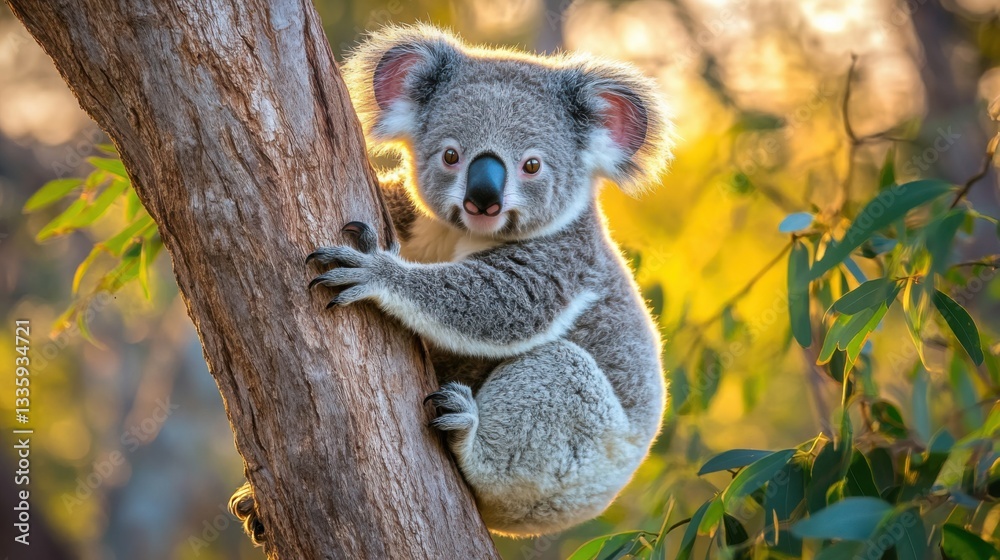Fototapeta premium Cute Koala Climbing Tree in Natural Habitat with Soft Lighting