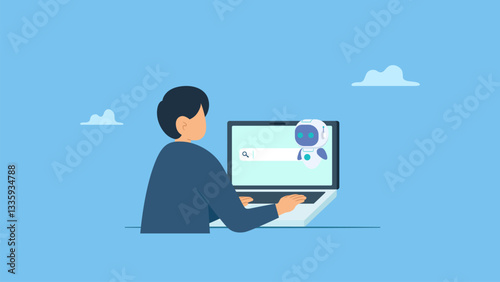 AI technology concept. Vector illustration of businessman  use artificial intelligence assistant for internet surfing, online searching, finding answers, research. Seo optimization.