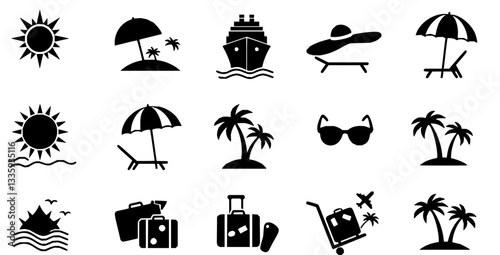 summer travel icon set. holiday tour icons for app and website containing hotel sun camp mountain drink plane island. transparent png and vector.
