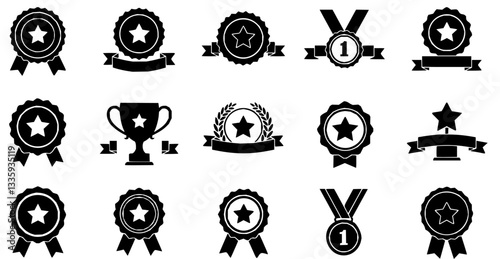 Set of winning award and prize icons, trophy reward, victory trophy signs depicting an award, victory cup achievement, winner medal - stock vector

