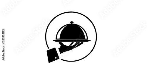 silhouette vector Silver serving cloche raised above empty golden plate, cut out
