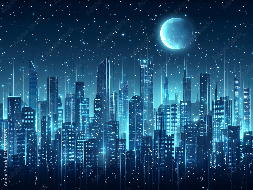 Fototapeta premium Futuristic city skyline at night, digital data streams, moon
