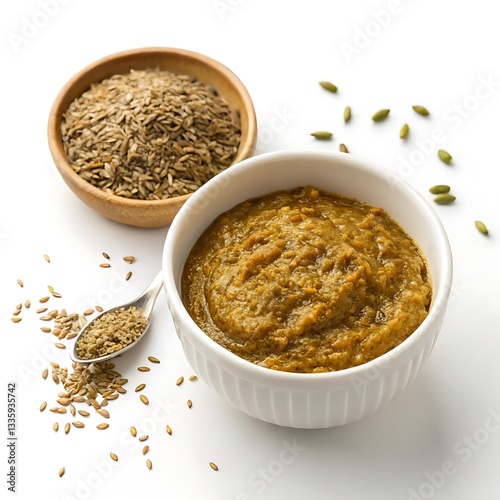 Indian curry with rice in a bowl served with spices and vegetables photo