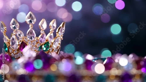 Sparkling crown adorned with colorful gems, set against a blurred, shimmering background