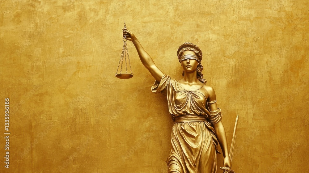 Blindfolded Lady Justice Holding Scales and Sword in Golden Background Blindfolded Lady Justice Holding Scales and Sword in Golden Background