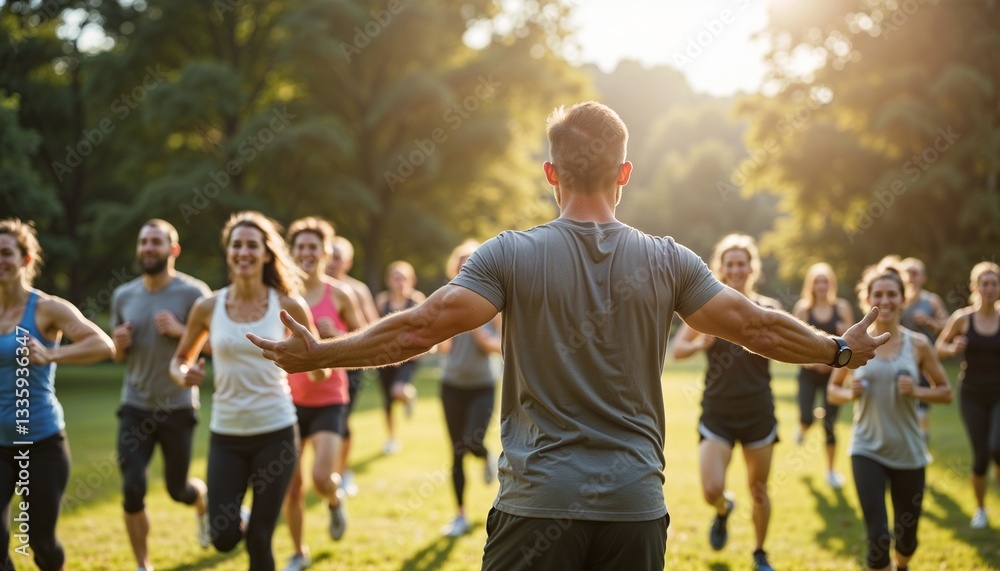 Fototapeta premium Fitness trainer leading a group jogging session in a park during sunset