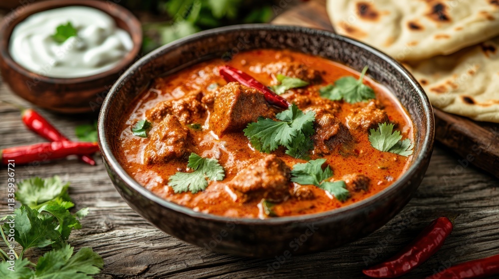 Rich flavorful butter chicken curry in bowl with chili peppers and naan on wooden surface Rich flavorful butter chicken curry in bowl with chili peppers and naan on wooden surface