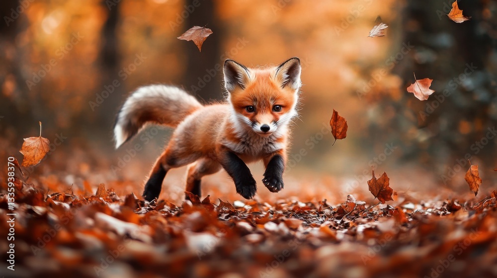 Obraz premium Playful fox cub running through autumn leaves in a forest setting