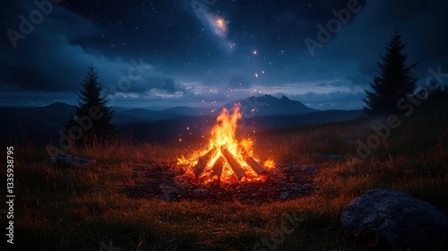 A bright campfire casts warmth on sandy shores near a calm lake, while twinkling stars fill the night sky, creating a serene atmosphere perfect for relaxation.
