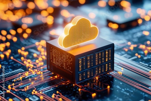 Modern cloud computing concept vibrant orange cloud icon on server hardware abstract tech background