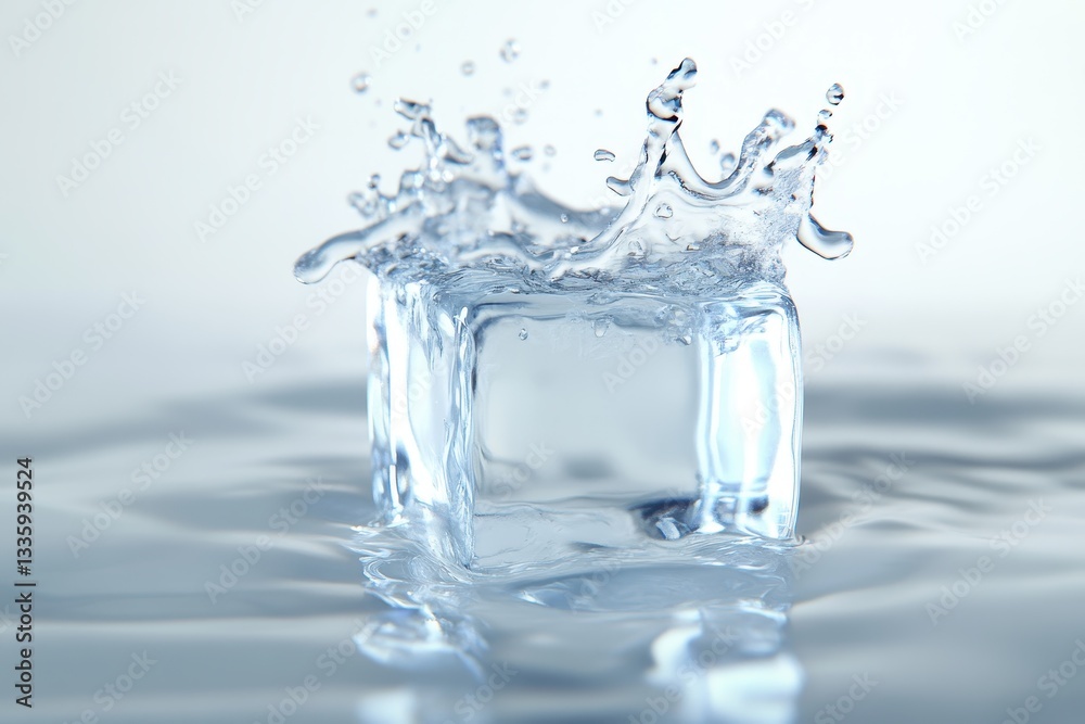 Crystal Clear Ice Cube Splashing in Calm Water with Ripples Crystal Clear Ice Cube Splashing in Calm Water with Ripples