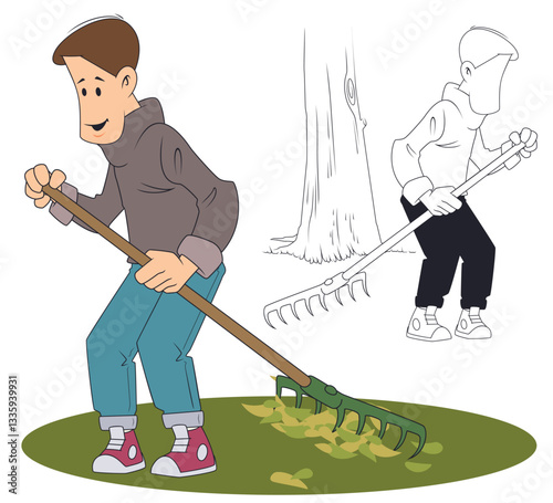 Man removes fallen leaves and trash.