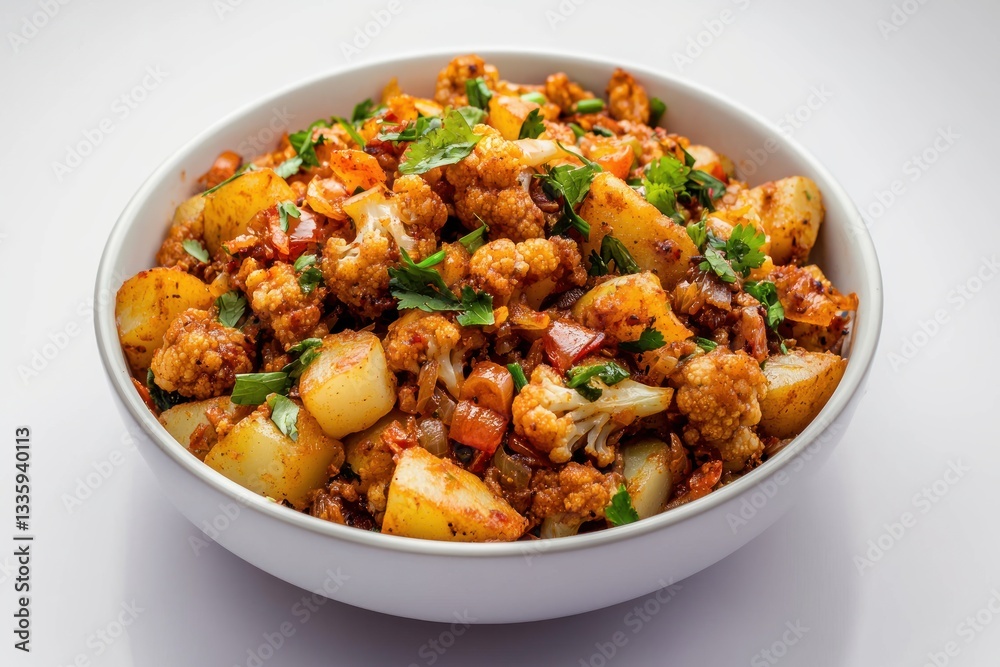 Delicious aloo gobi featuring cauliflower potatoes herbs and spices in white bowl vegetarian dish savory and healthy food on light background Delicious aloo gobi featuring cauliflower potatoes herbs and spices in white bowl vegetarian dish savory and healthy food on light background