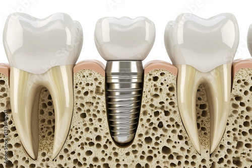 3D Render of Dental Implant and Natural Tooth on Transparent Background